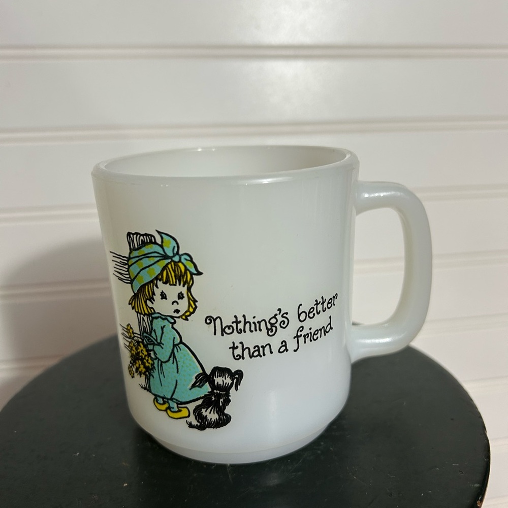 1981 coffee mug milk glass Glasbake Nothing's Better Than A Friend girl with dog
